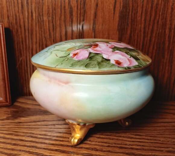 Other - Antique Bavarian Floral Porcelain Trinket Box Powder Dish Gold Foot Hand Painted